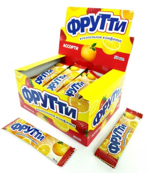 Жевательные конфеты ФРУТТИ пластинки 10 гр. клубника, лимон, апельсин  1/50шт/10бл.