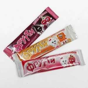 Жевательные конфеты ФРУТТИ пластинки 10 гр. вишня и шоколад, ирис и сливки, клубника со сливками 1/50шт/10бл.