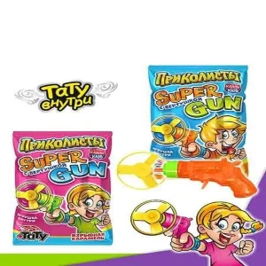 Взрывная карамель с игрушкой и тату ПРИКОЛИСТЫ. СУПЕР ГАН SUPER GUN с вертушкой 1 гр. 1/30шт/12бл. Канди Клаб