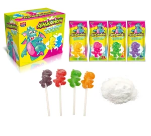 Карамель на палочке с кислой пудрой ДРАКОНЫЧ 10 гр.  ассорти 1/48шт/12бл. ТМ Канди Клаб