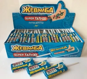 Жевательная конфета ЖЕВАМБА SUPER TATTOO Тутти-Фрутти 10 гр. 1/50шт/12бл. Канди Клаб