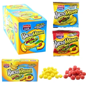 Жевательные конфеты Кисломания дабл фрукт банан и персик 14 гр    1/30шт/12бл.