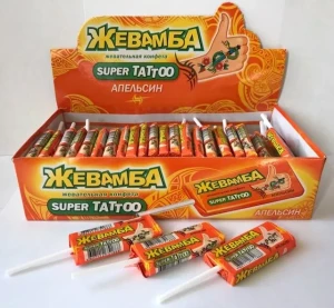 Жевательные конфеты ЖЕВАМБА SUPER TATOO Апельсин 10 гр.  1/50шт/12бл.  Канди Клаб