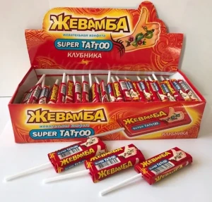 Жевательные конфеты ЖЕВАМБА SUPER TATOO Клубника 10 гр.  1/50шт/12бл.  Канди Клаб