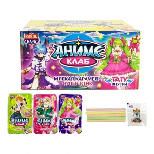 Мягкая карамель с тату АНИМЕ КЛАБ СУПЕР СТИК 5 гр.  1/40шт/12бл.  Канди Клаб