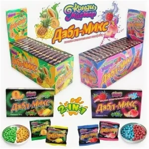 Жевательные конфеты ДАБЛ МИКС 14 гр.  дыня/ананас + малина/персик  1/30шт/12бл.  Канди Мастер