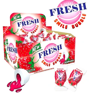 Жевательная резинка FRESH SMILE BUBBLE с жидким центром со вкусом Клубники 3 гр.     1/100шт/20бл.      K-ARTEL