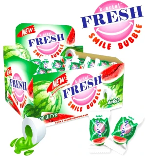 Жевательная резинка FRESH SMILE BUBBLE с жидким центром со вкусом Арбуза 3 гр.     1/100шт/20бл.     K-ARTEL